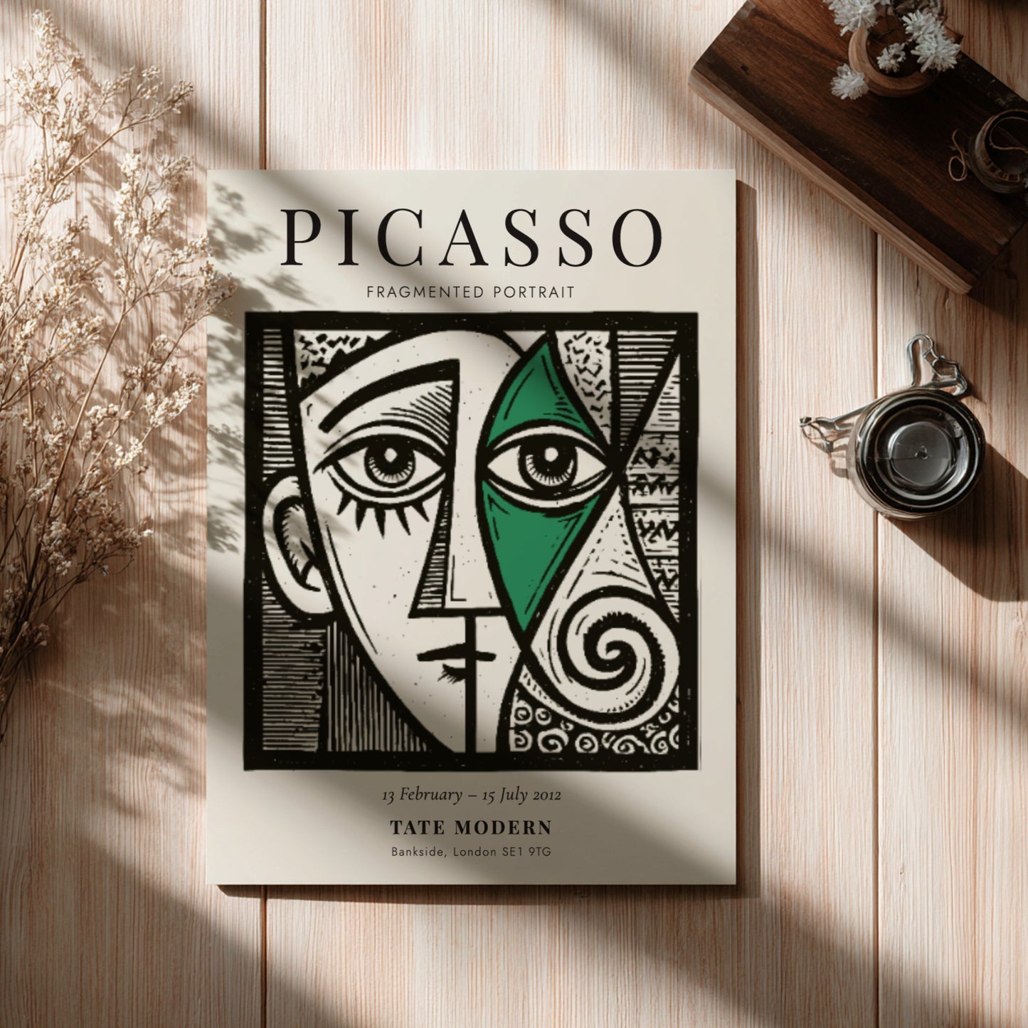 Fragmented portrait poster inspired by Picasso featuring geometric shapes and vibrant colors
