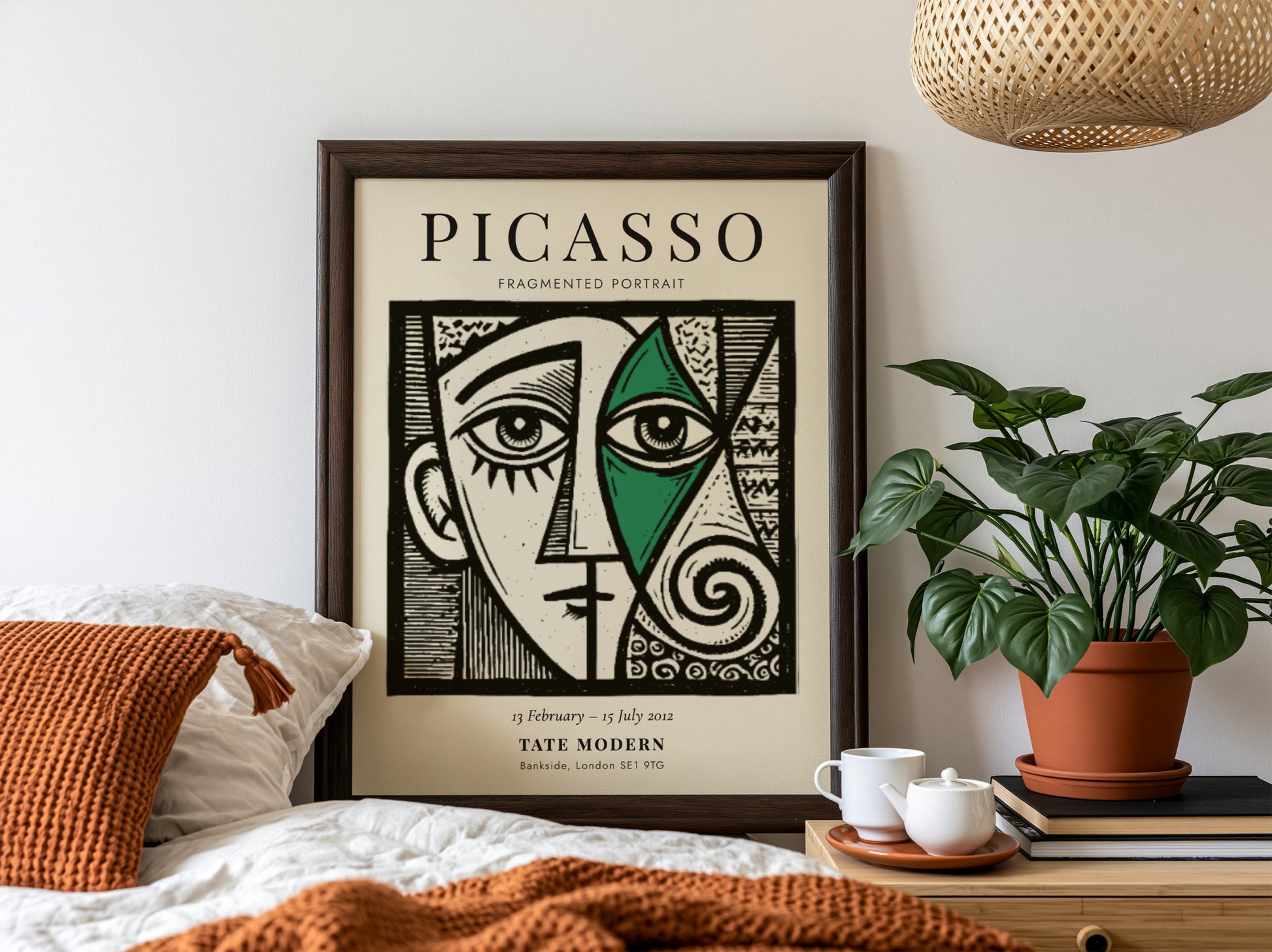 Fragmented portrait poster inspired by Picasso featuring geometric shapes and vibrant colors