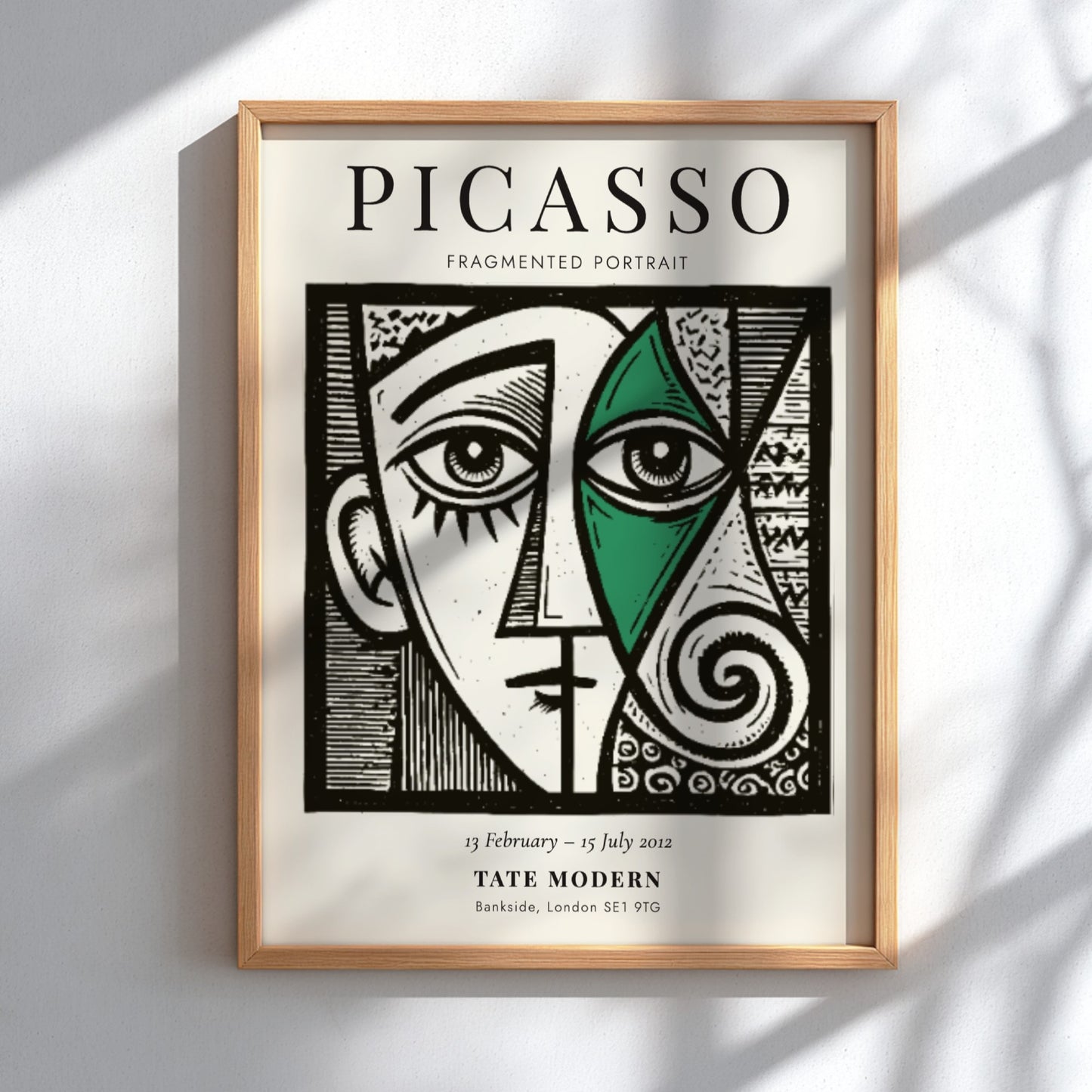 Fragmented portrait poster inspired by Picasso featuring geometric shapes and vibrant colors