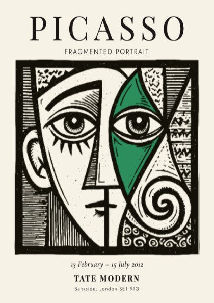 Fragmented portrait poster inspired by Picasso featuring geometric shapes and vibrant colors