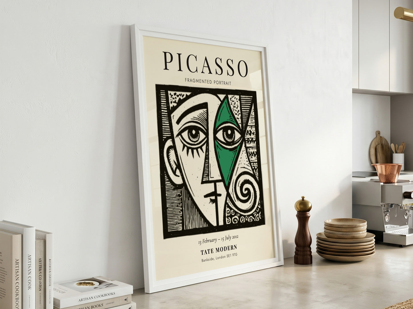 Fragmented portrait poster inspired by Picasso featuring geometric shapes and vibrant colors