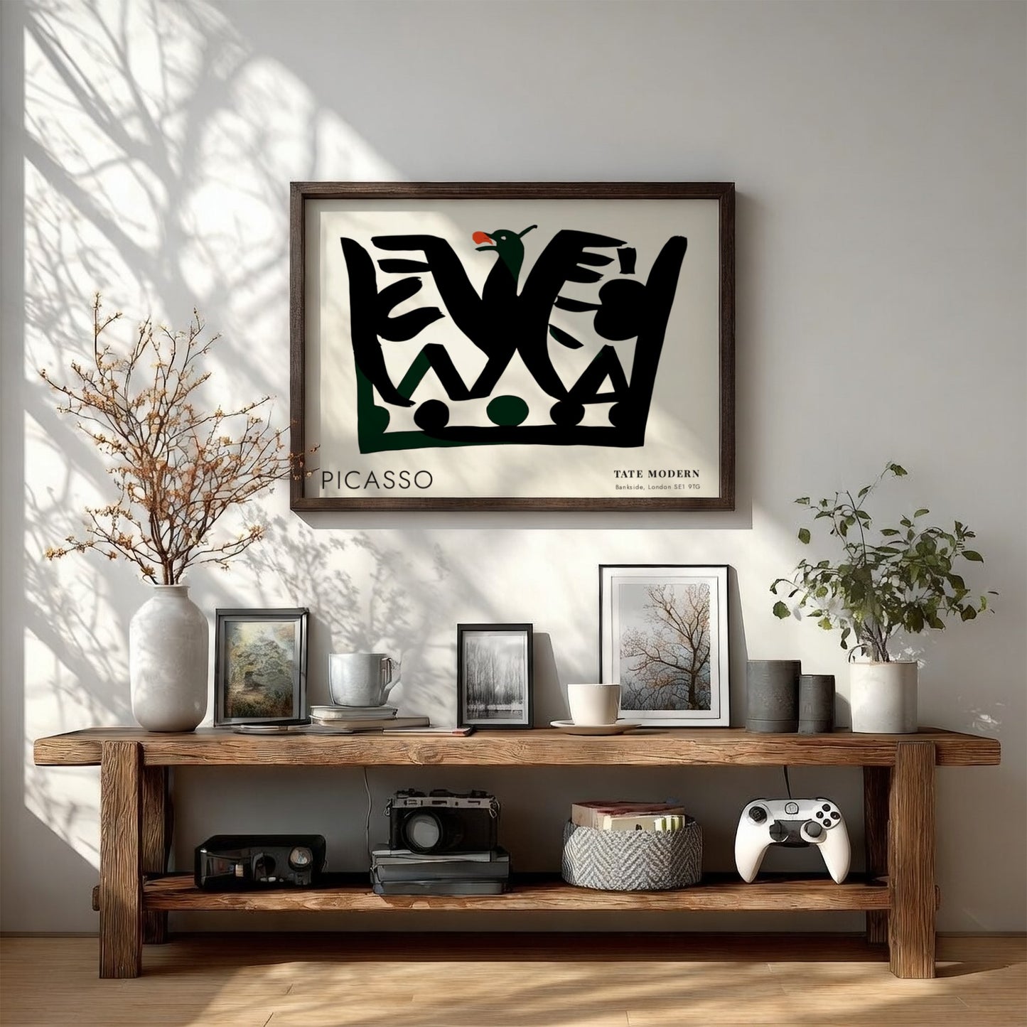 Pablo Picasso poster featuring fragmented portrait design with black shapes and green accents
