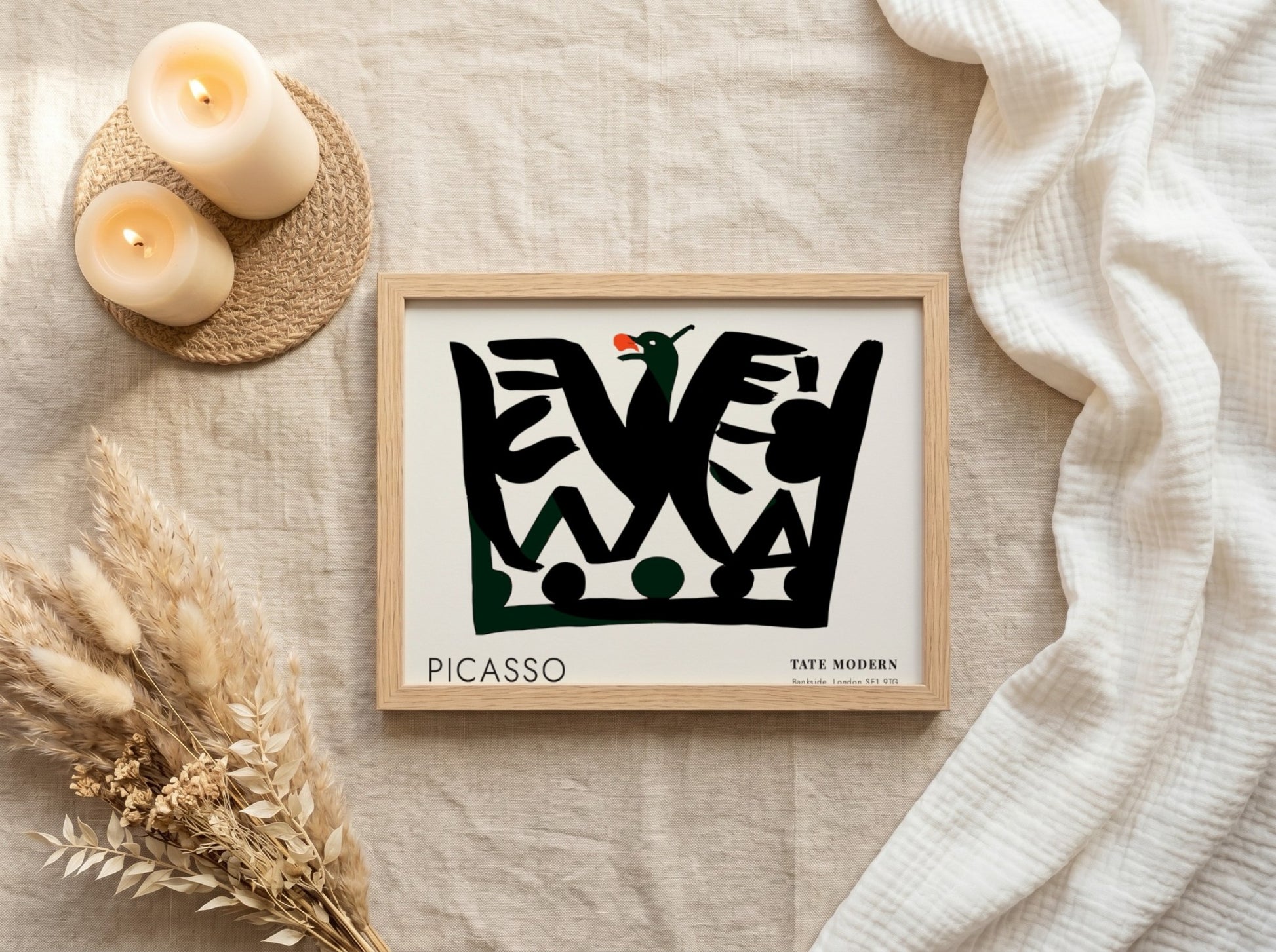 Pablo Picasso poster featuring fragmented portrait design with black shapes and green accents