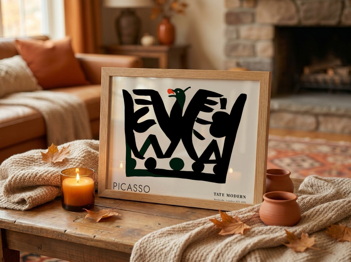 Pablo Picasso poster featuring fragmented portrait design with black shapes and green accents