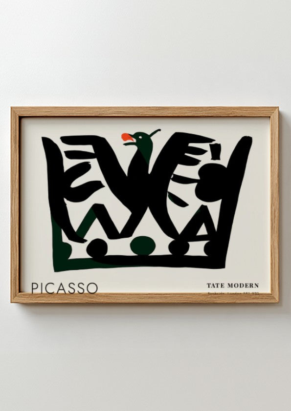 Pablo Picasso poster featuring fragmented portrait design with black shapes and green accents