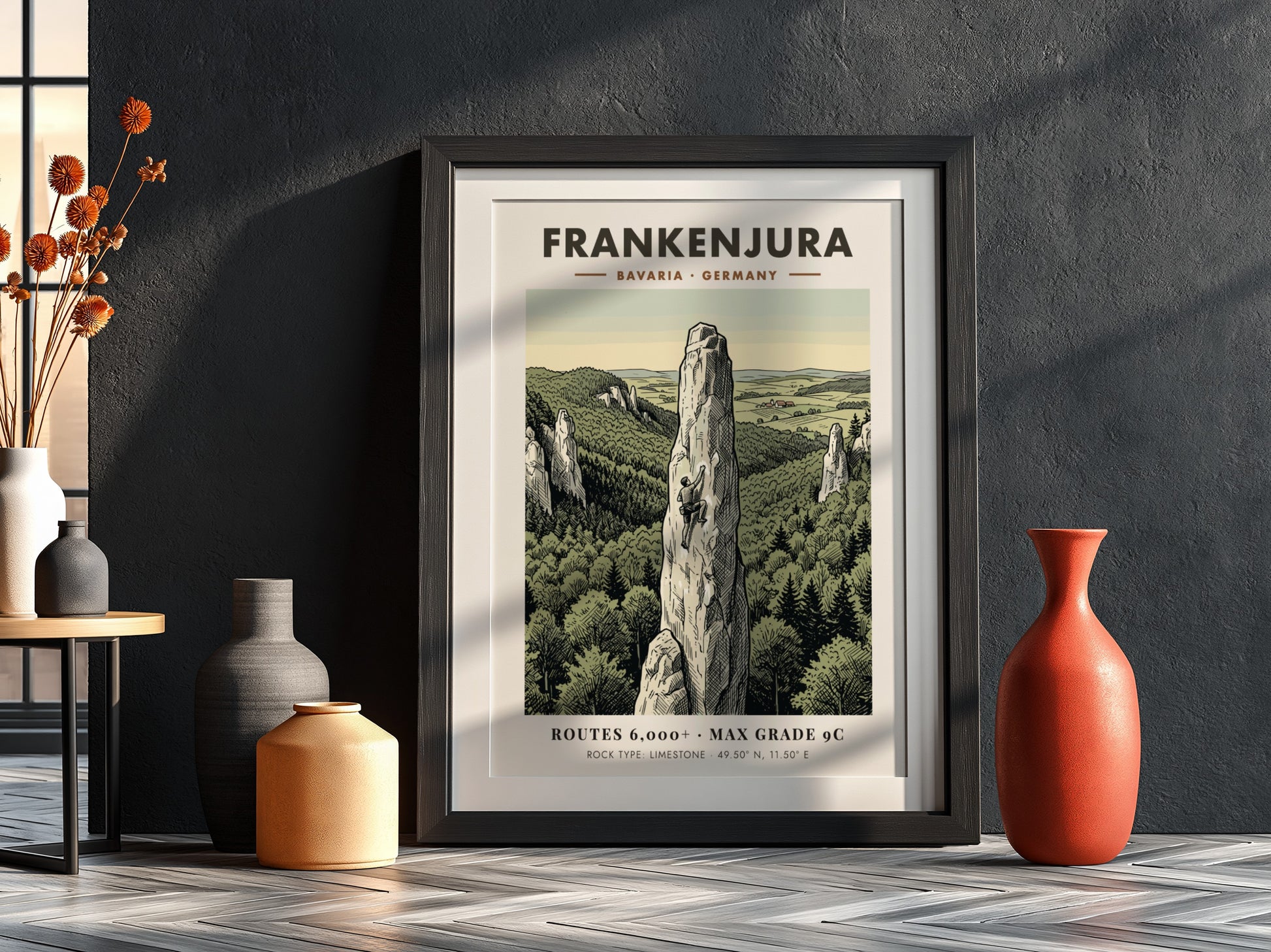 Poster featuring a climber on a limestone spire in Frankenjura Bavaria with forest