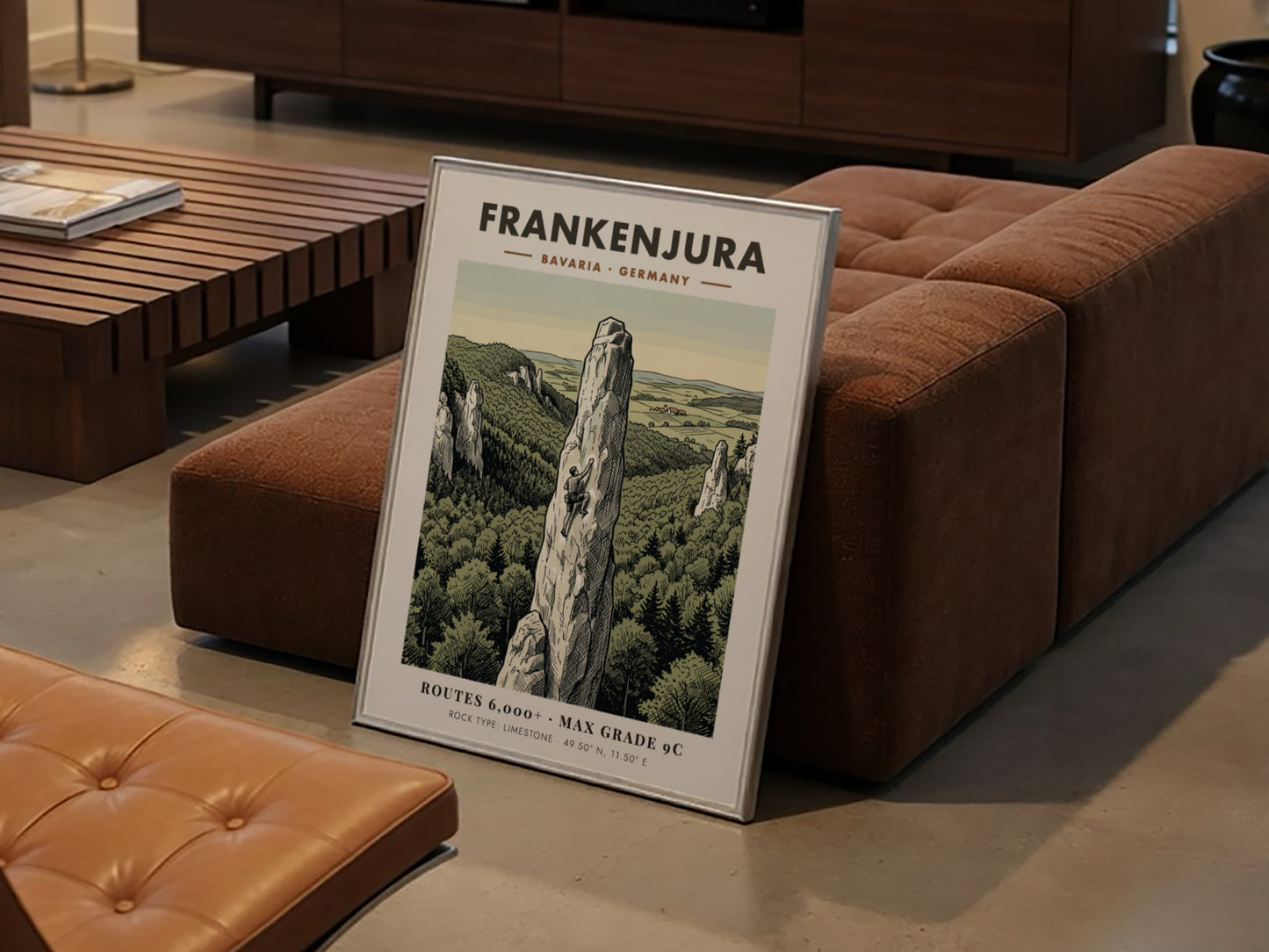 Poster featuring a climber on a limestone spire in Frankenjura Bavaria with forest