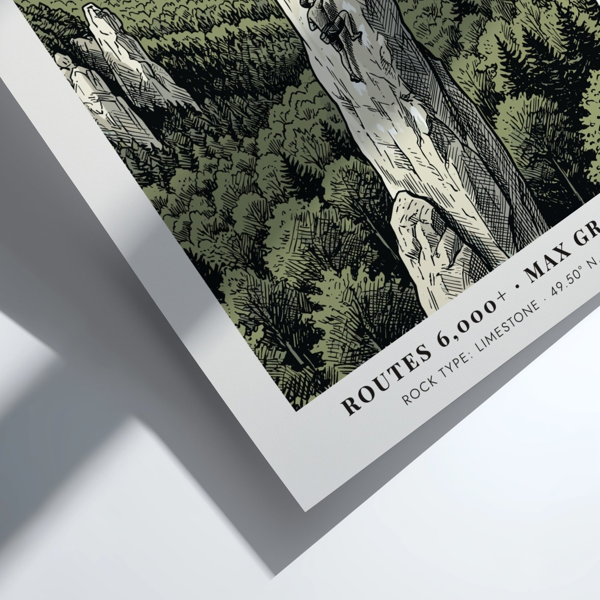 Poster featuring a climber on a limestone spire in Frankenjura Bavaria with forest