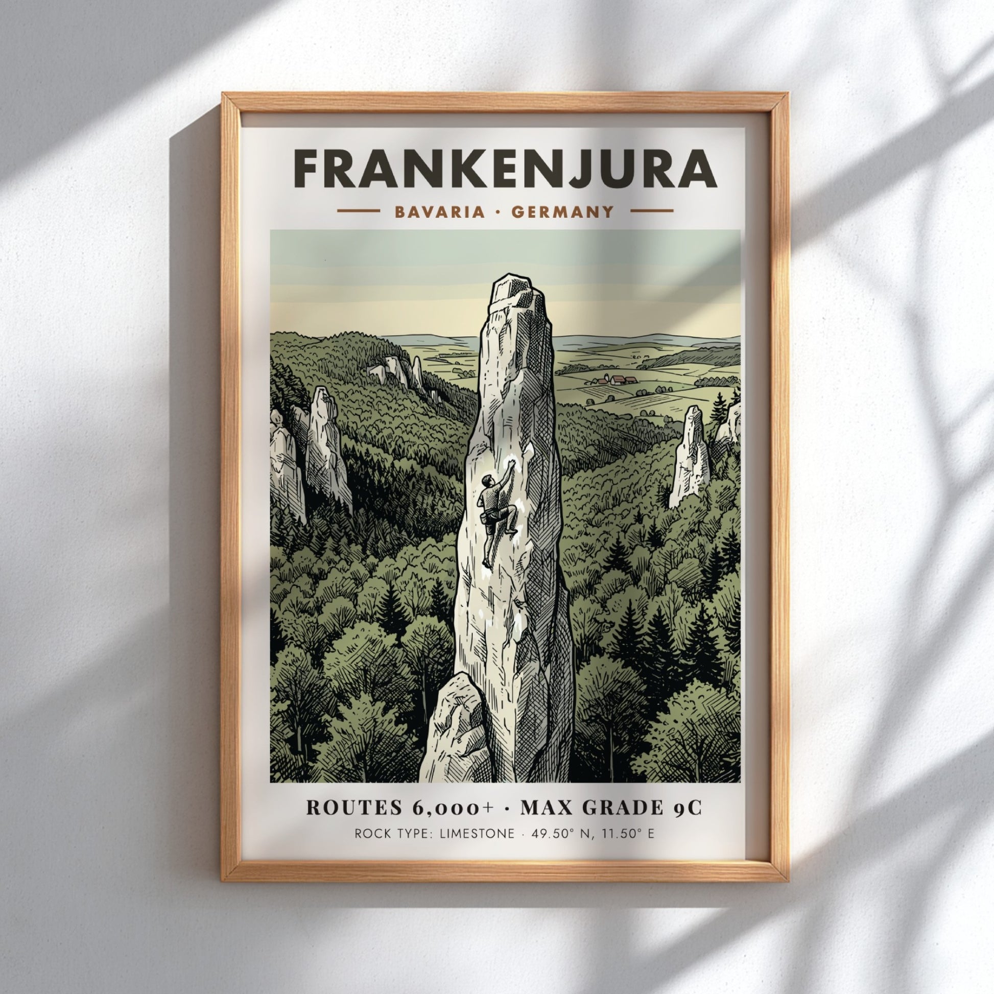 Poster featuring a climber on a limestone spire in Frankenjura Bavaria with forest