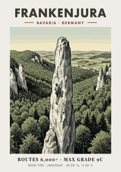 Poster featuring a climber on a limestone spire in Frankenjura Bavaria with forest