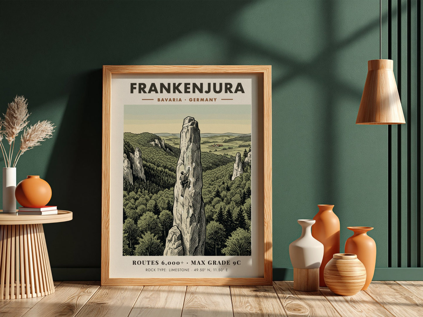 Poster featuring a climber on a limestone spire in Frankenjura Bavaria with forest