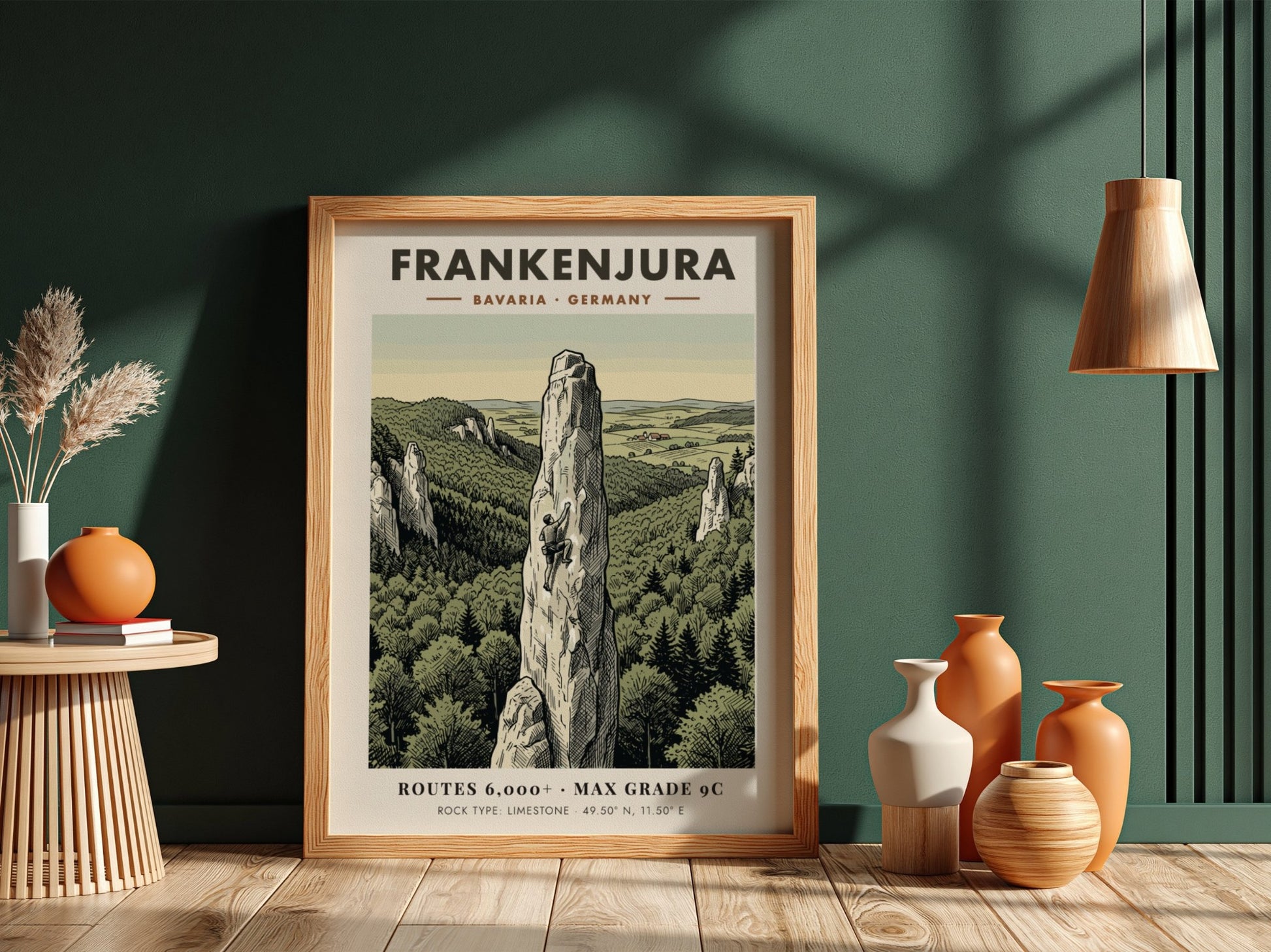 Poster featuring a climber on a limestone spire in Frankenjura Bavaria with forest