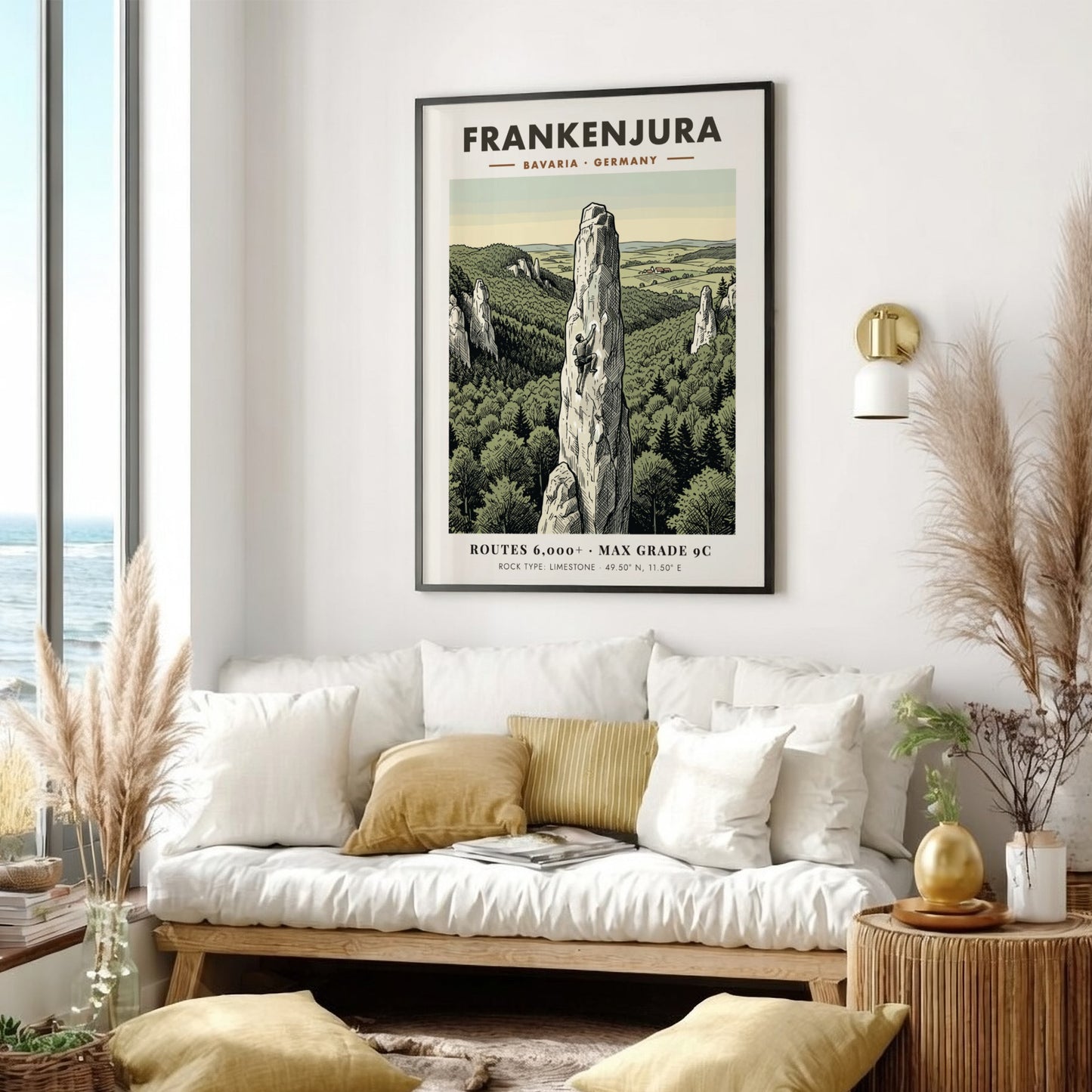 Poster featuring a climber on a limestone spire in Frankenjura Bavaria with forest