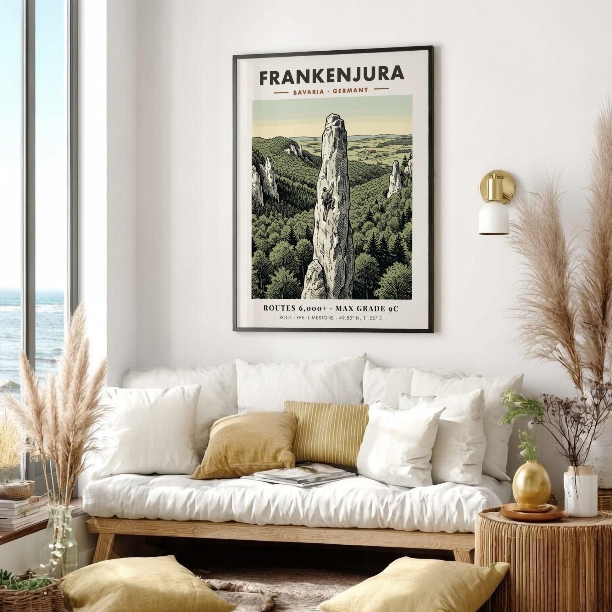 Poster featuring a climber on a limestone spire in Frankenjura Bavaria with forest