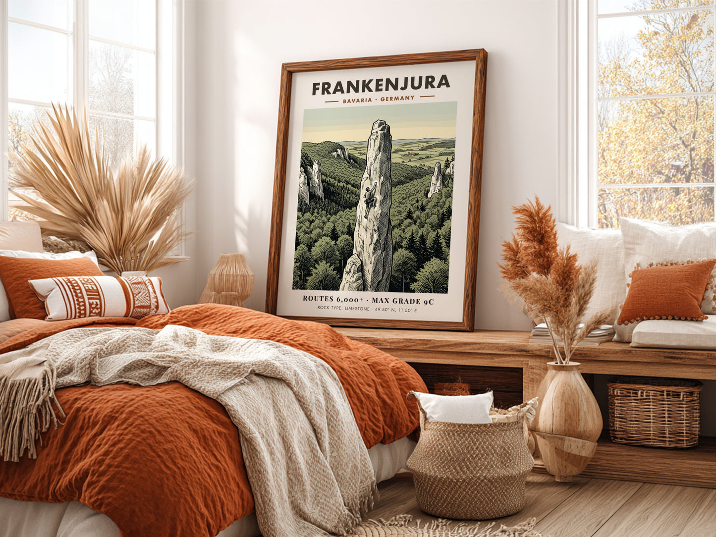 Poster featuring a climber on a limestone spire in Frankenjura Bavaria with forest