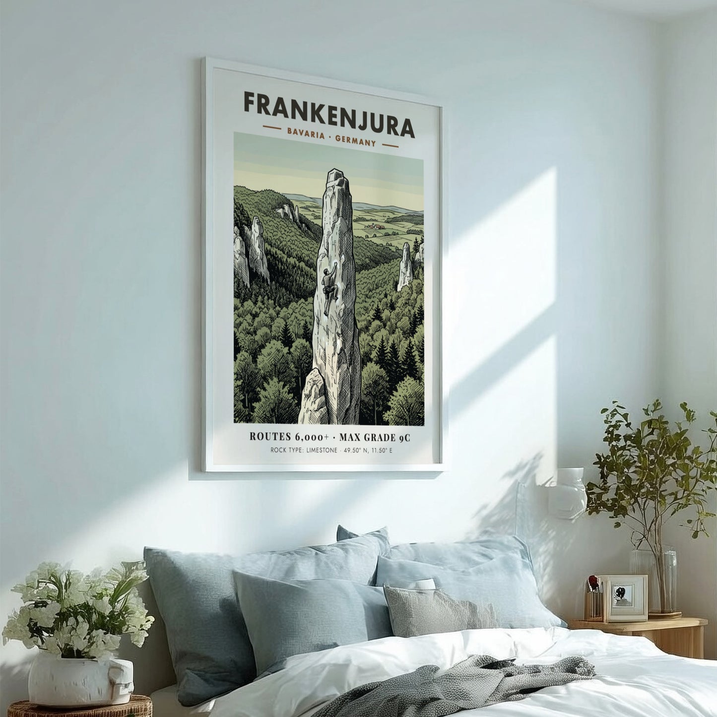 Poster featuring a climber on a limestone spire in Frankenjura Bavaria with forest