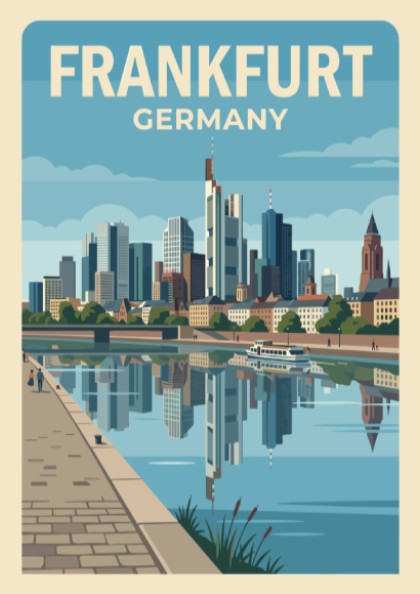 Frankfurt Germany skyline poster with blue skyscrapers reflecting in the river on cream background