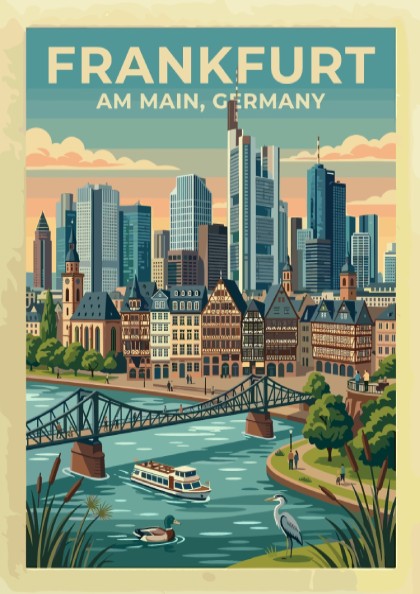 Travel poster of Frankfurt Am Main Germany featuring a skyline, river, and bridge.