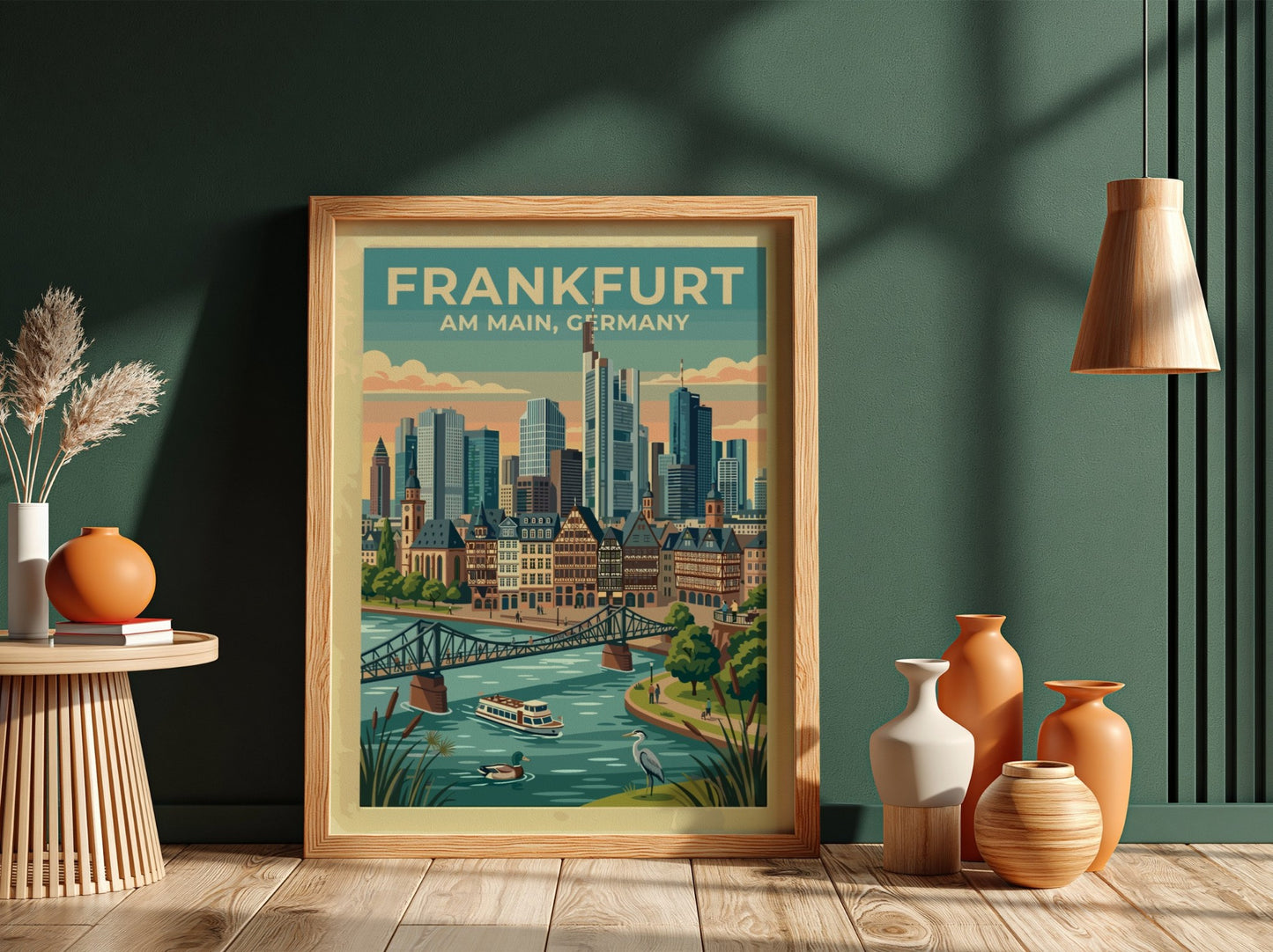 Travel poster of Frankfurt Am Main Germany featuring a skyline, river, and bridge.