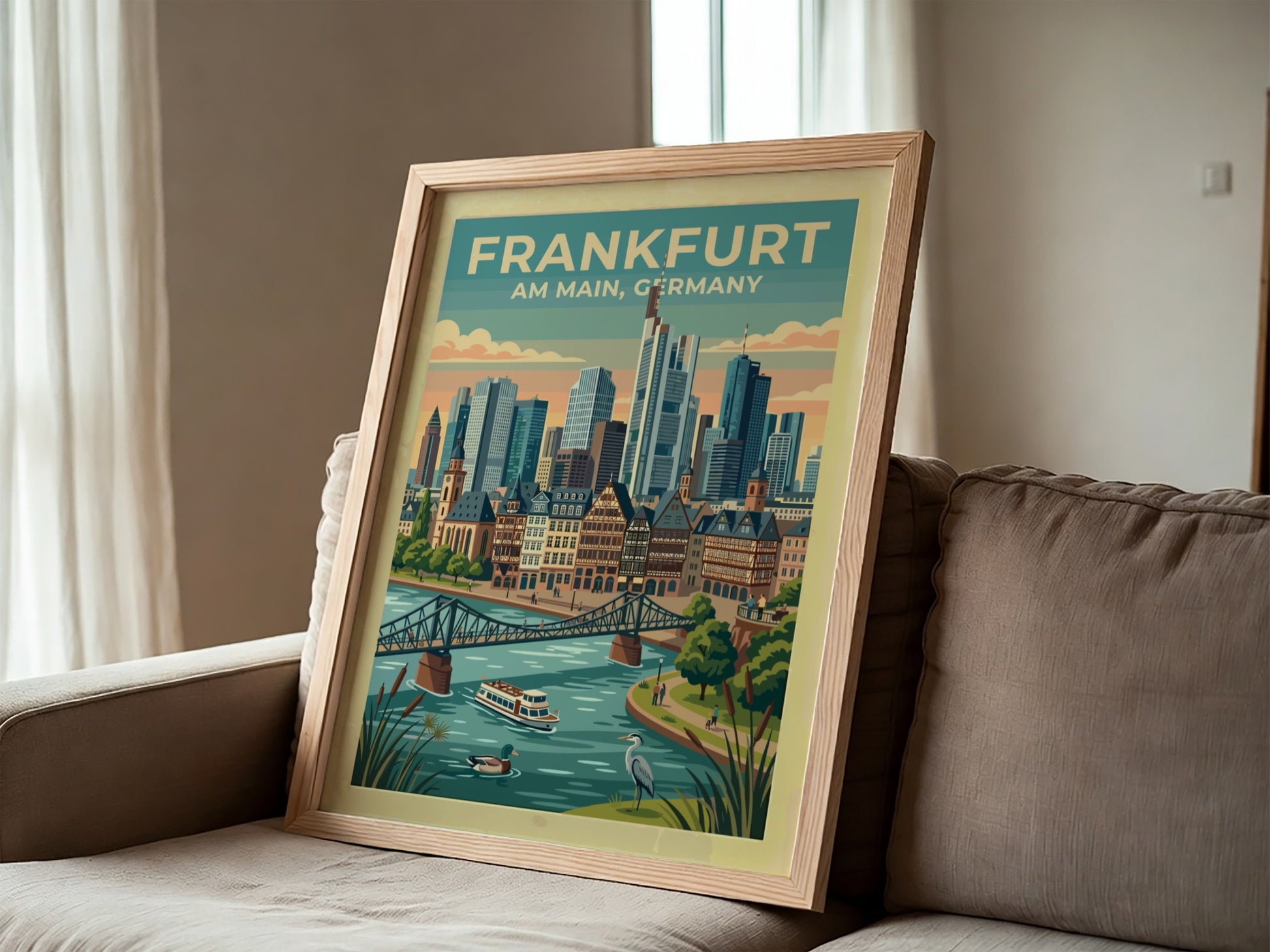 Travel poster of Frankfurt Am Main Germany featuring a skyline, river, and bridge.