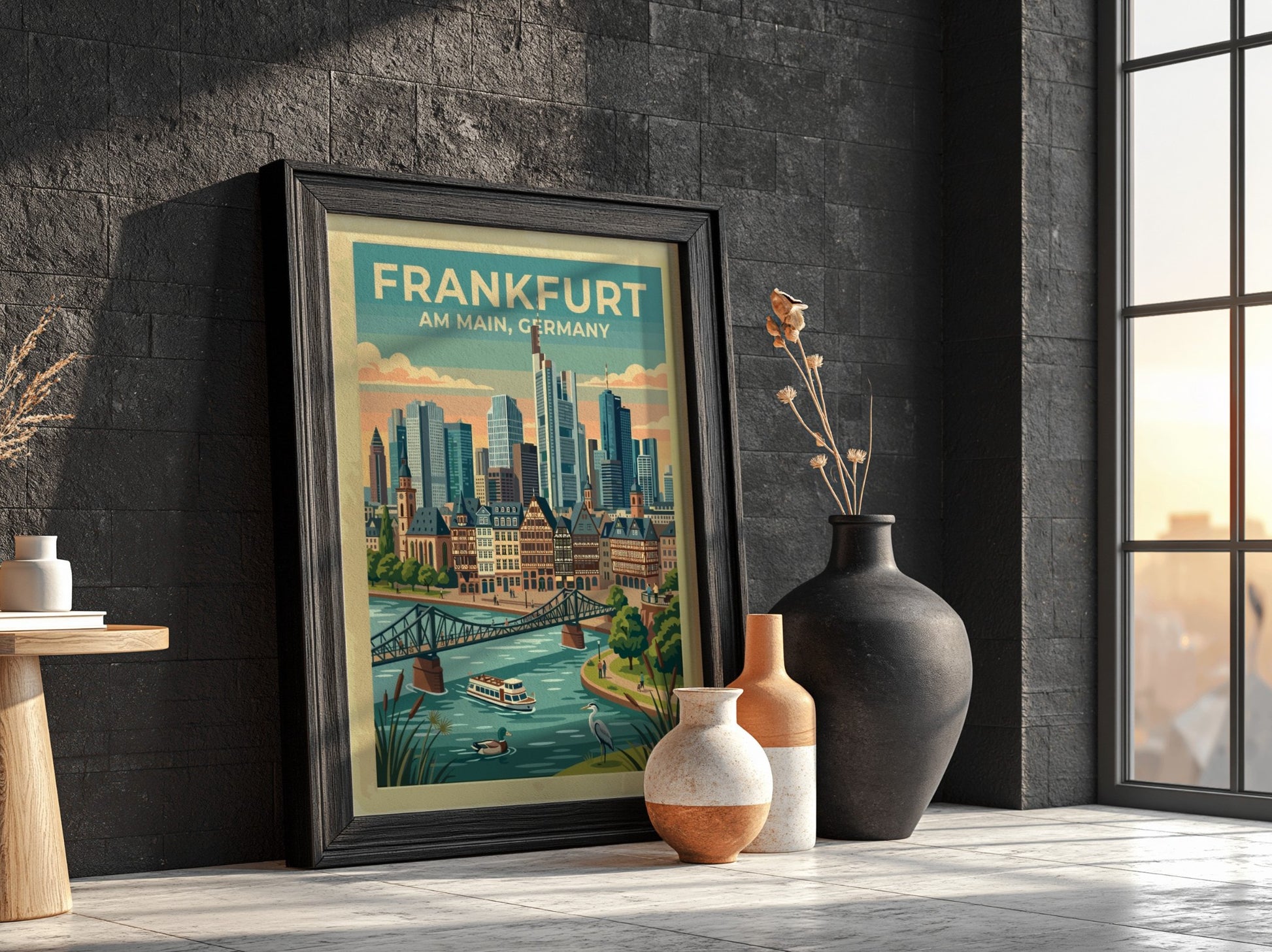 Travel poster of Frankfurt Am Main Germany featuring a skyline, river, and bridge.