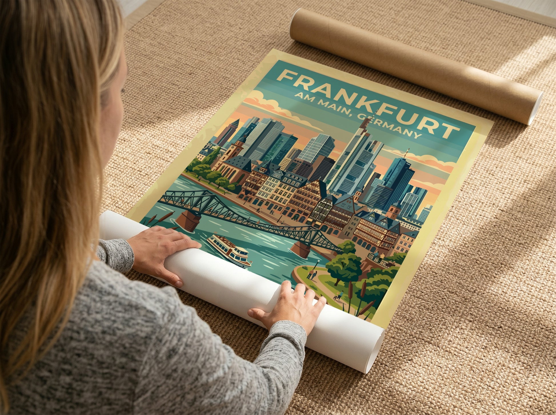 Travel poster of Frankfurt Am Main Germany featuring a skyline, river, and bridge.