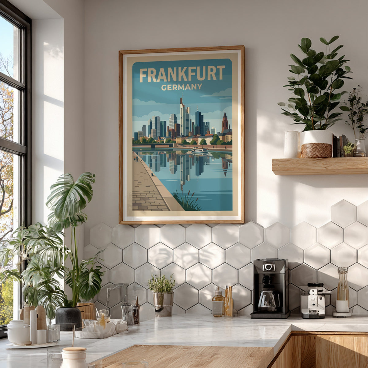 Frankfurt Germany skyline poster with blue skyscrapers reflecting in the river on cream background