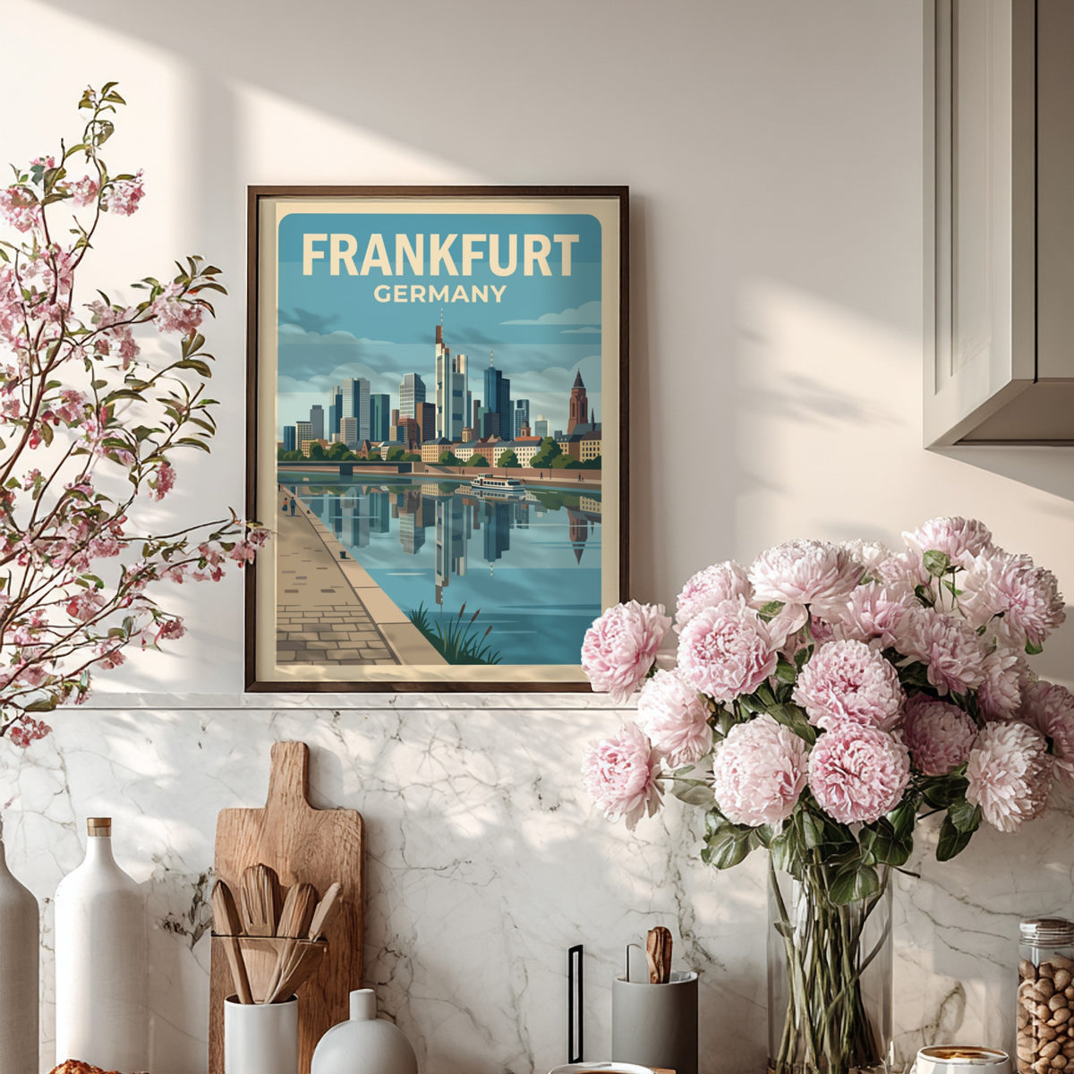 Frankfurt Germany skyline poster with blue skyscrapers reflecting in the river on cream background