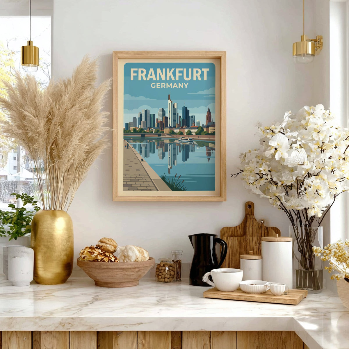 Frankfurt Germany skyline poster with blue skyscrapers reflecting in the river on cream background