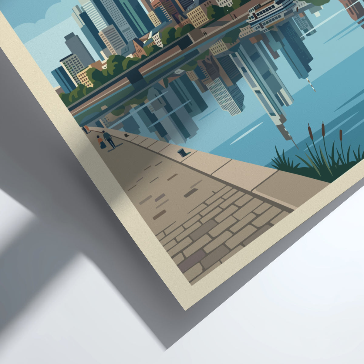 Frankfurt Germany skyline poster with blue skyscrapers reflecting in the river on cream background