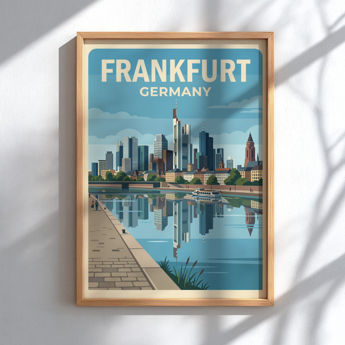 Frankfurt Germany skyline poster with blue skyscrapers reflecting in the river on cream background