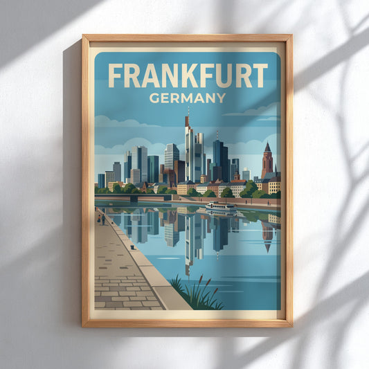 Frankfurt Germany skyline poster with blue skyscrapers reflecting in the river on cream background