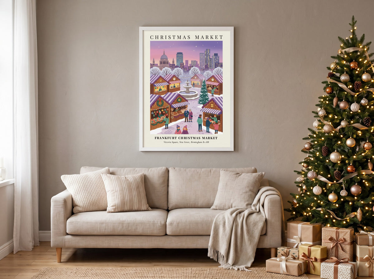 Poster of the Frankfurt Christmas Market in Birmingham with snowy stalls and city skyline.
