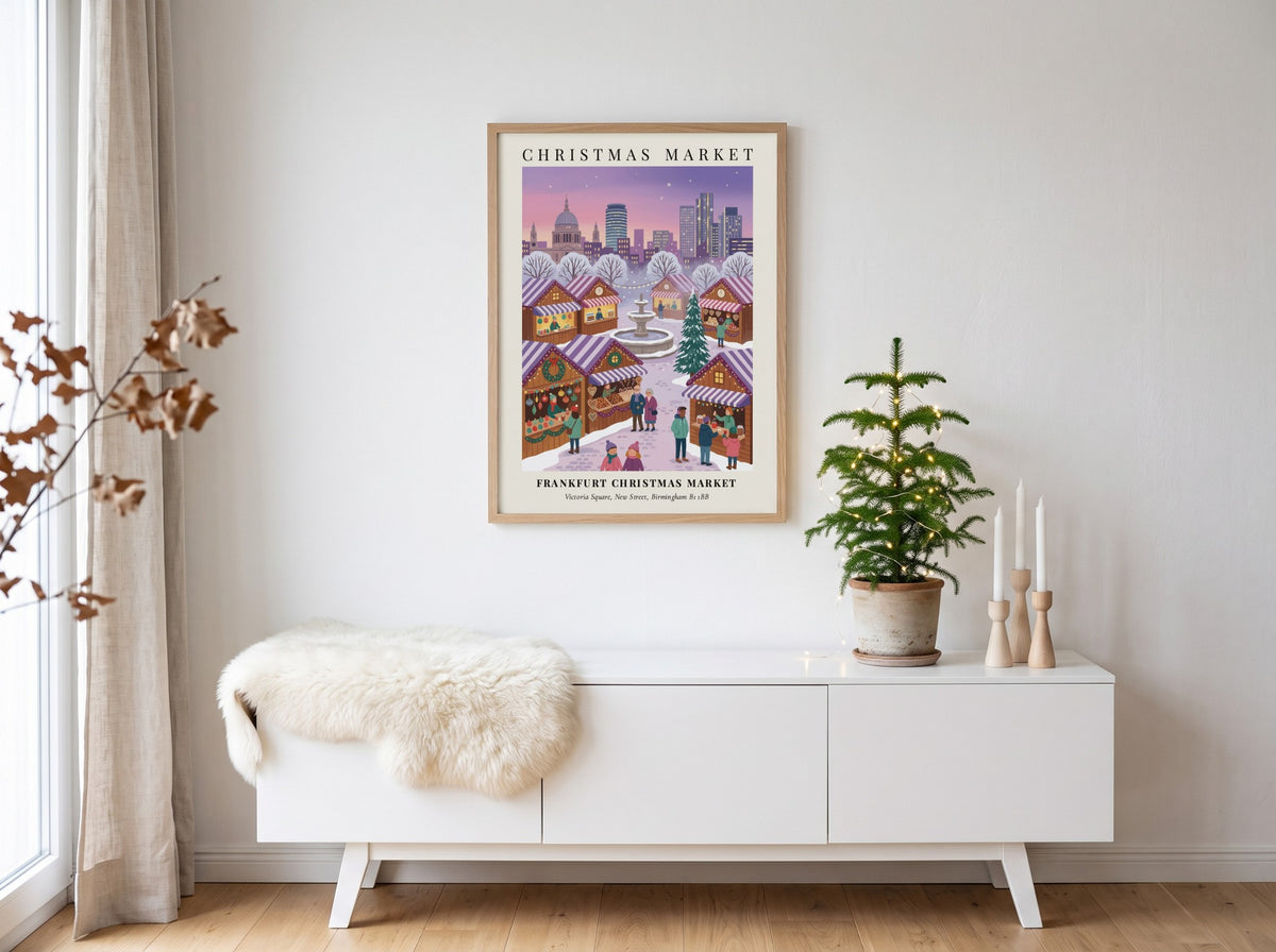 Poster of the Frankfurt Christmas Market in Birmingham with snowy stalls and city skyline.