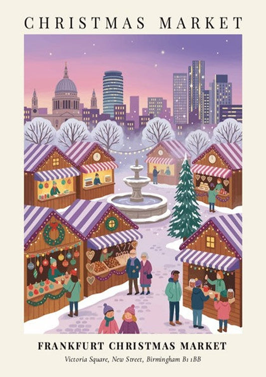 Poster of the Frankfurt Christmas Market in Birmingham with snowy stalls and city skyline.
