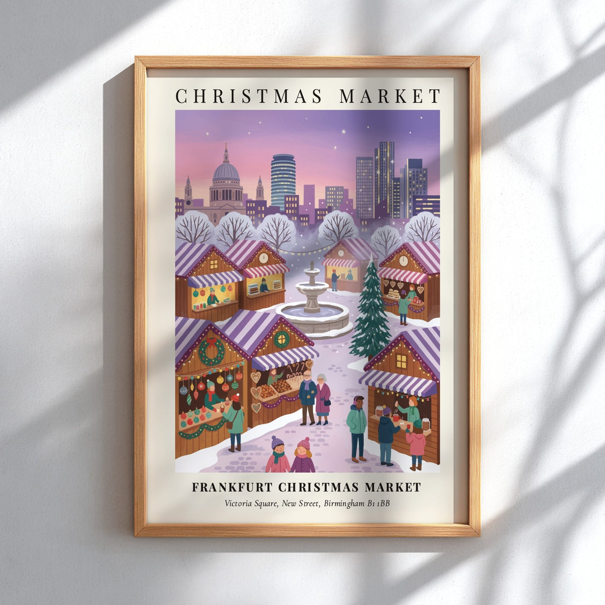 Poster of the Frankfurt Christmas Market in Birmingham with snowy stalls and city skyline.