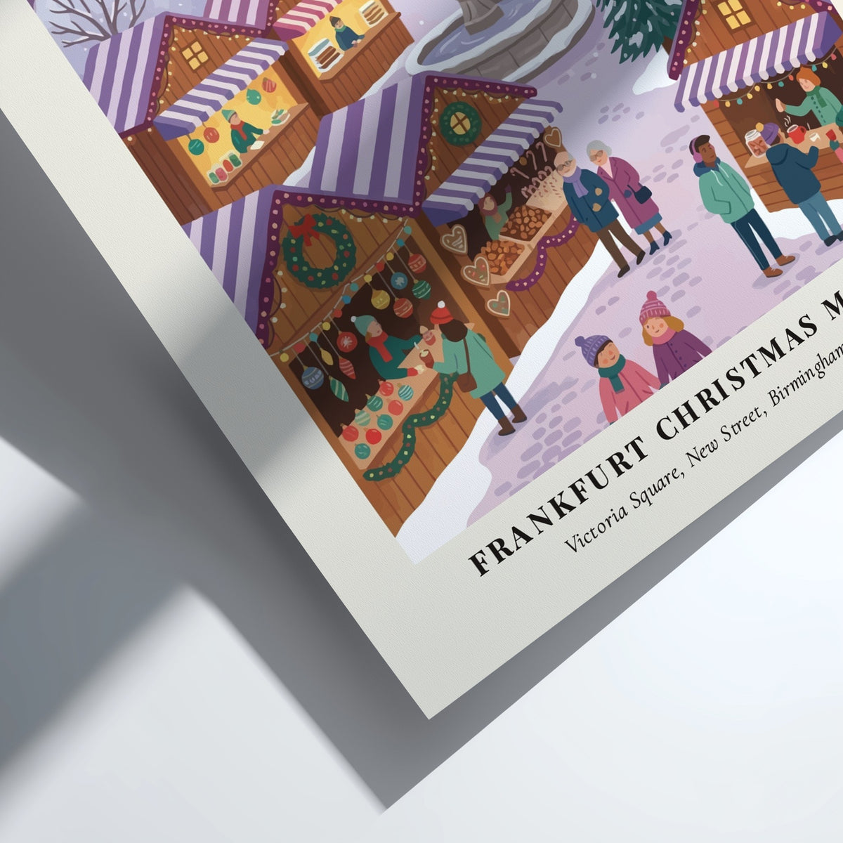 Poster of the Frankfurt Christmas Market in Birmingham with snowy stalls and city skyline.