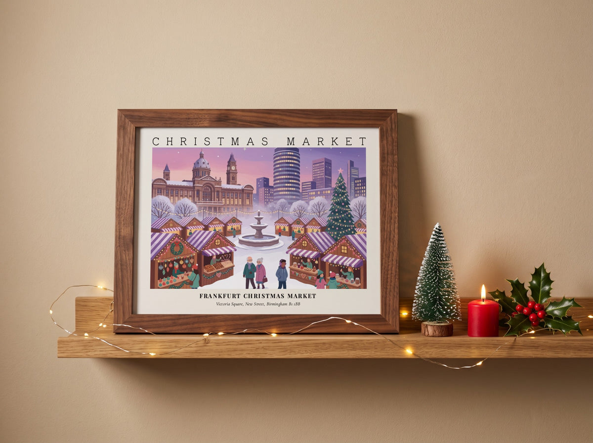 Poster of the Frankfurt Christmas Market in Birmingham with festive stalls and snowy fountain.