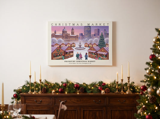 Poster of the Frankfurt Christmas Market in Birmingham with festive stalls and snowy fountain.