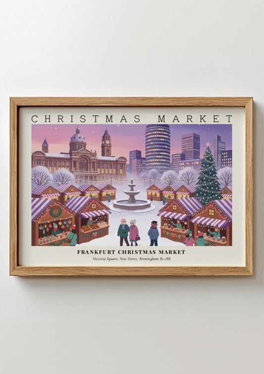 Poster of the Frankfurt Christmas Market in Birmingham with festive stalls and snowy fountain.