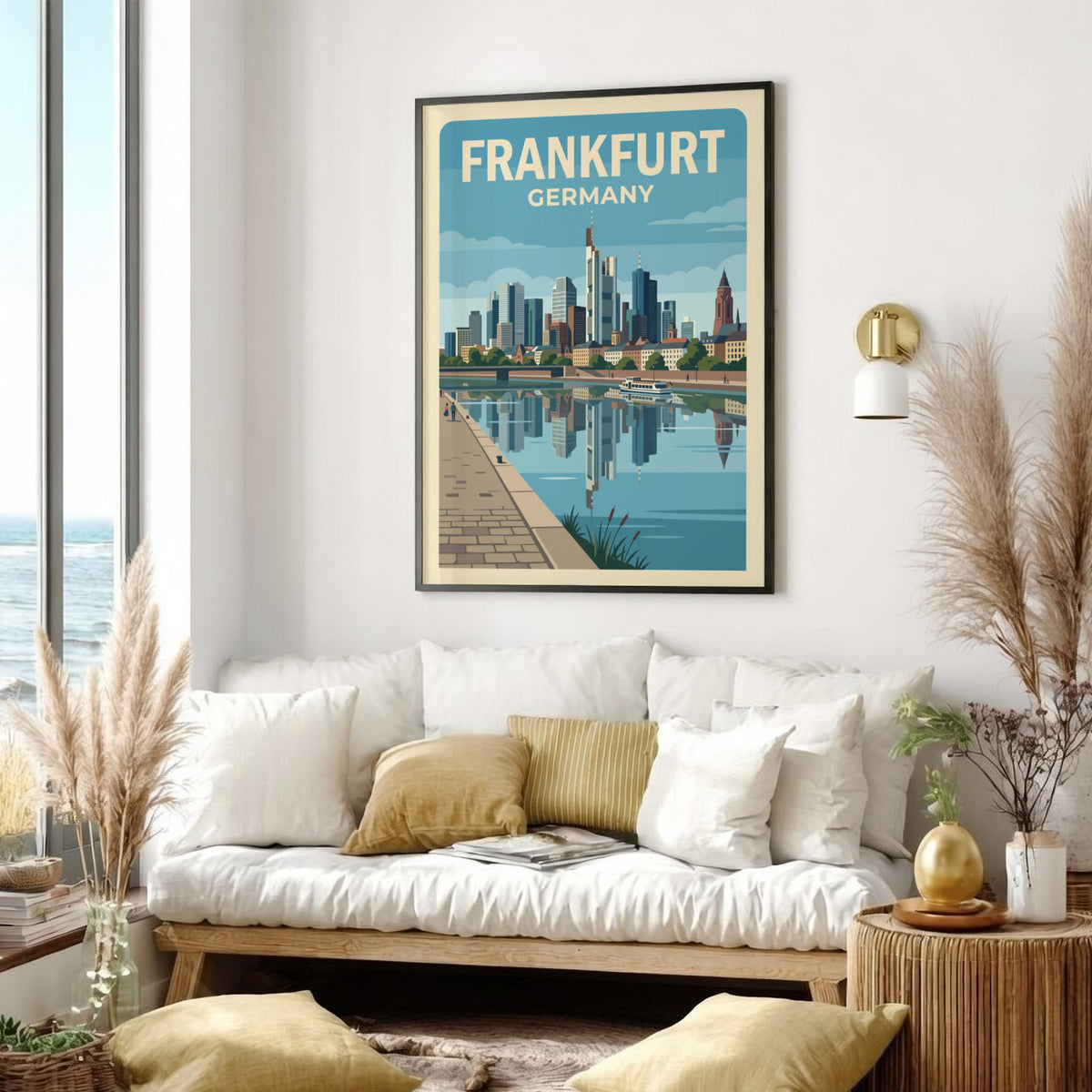 Frankfurt Germany skyline poster with blue skyscrapers reflecting in the river on cream background