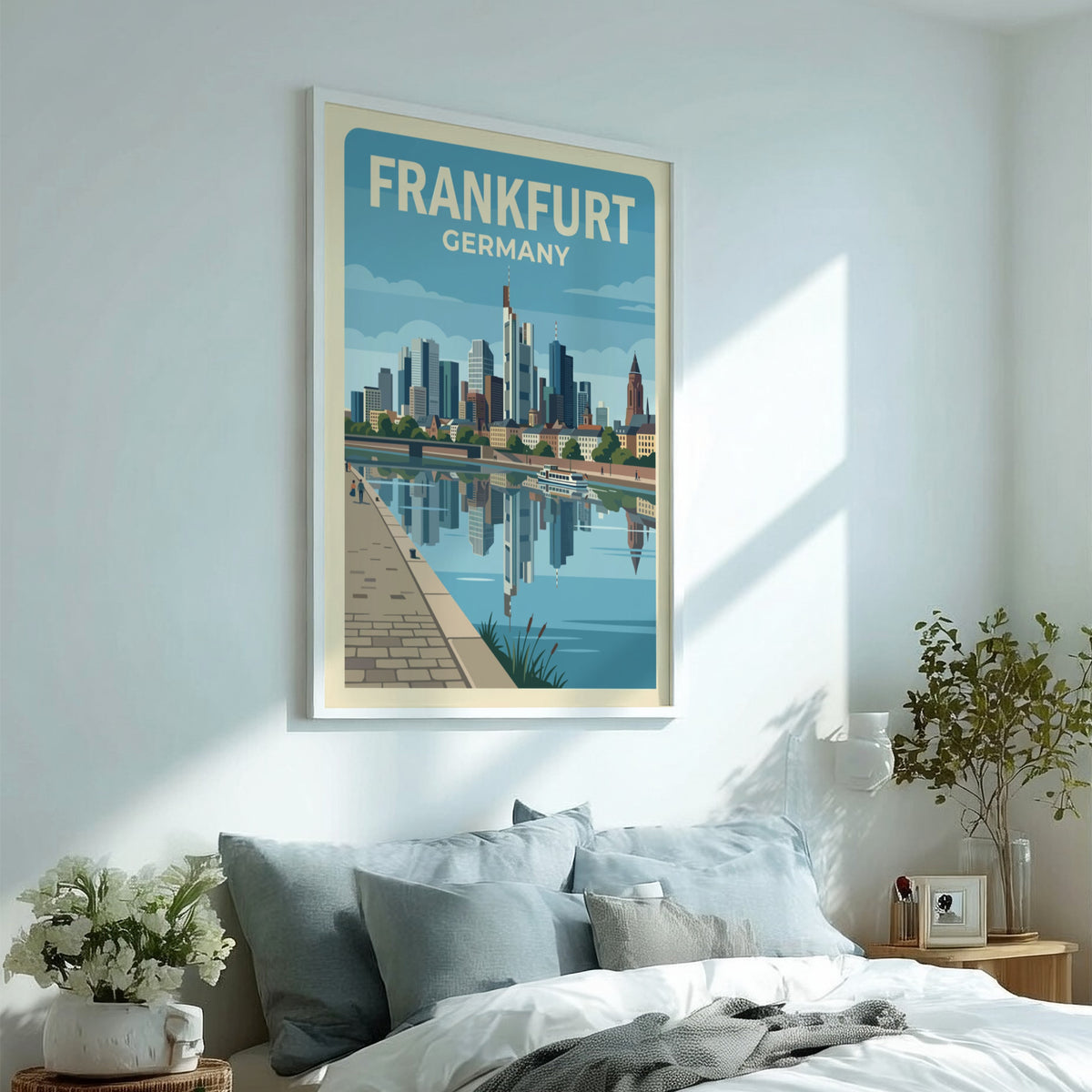 Frankfurt Germany skyline poster with blue skyscrapers reflecting in the river on cream background