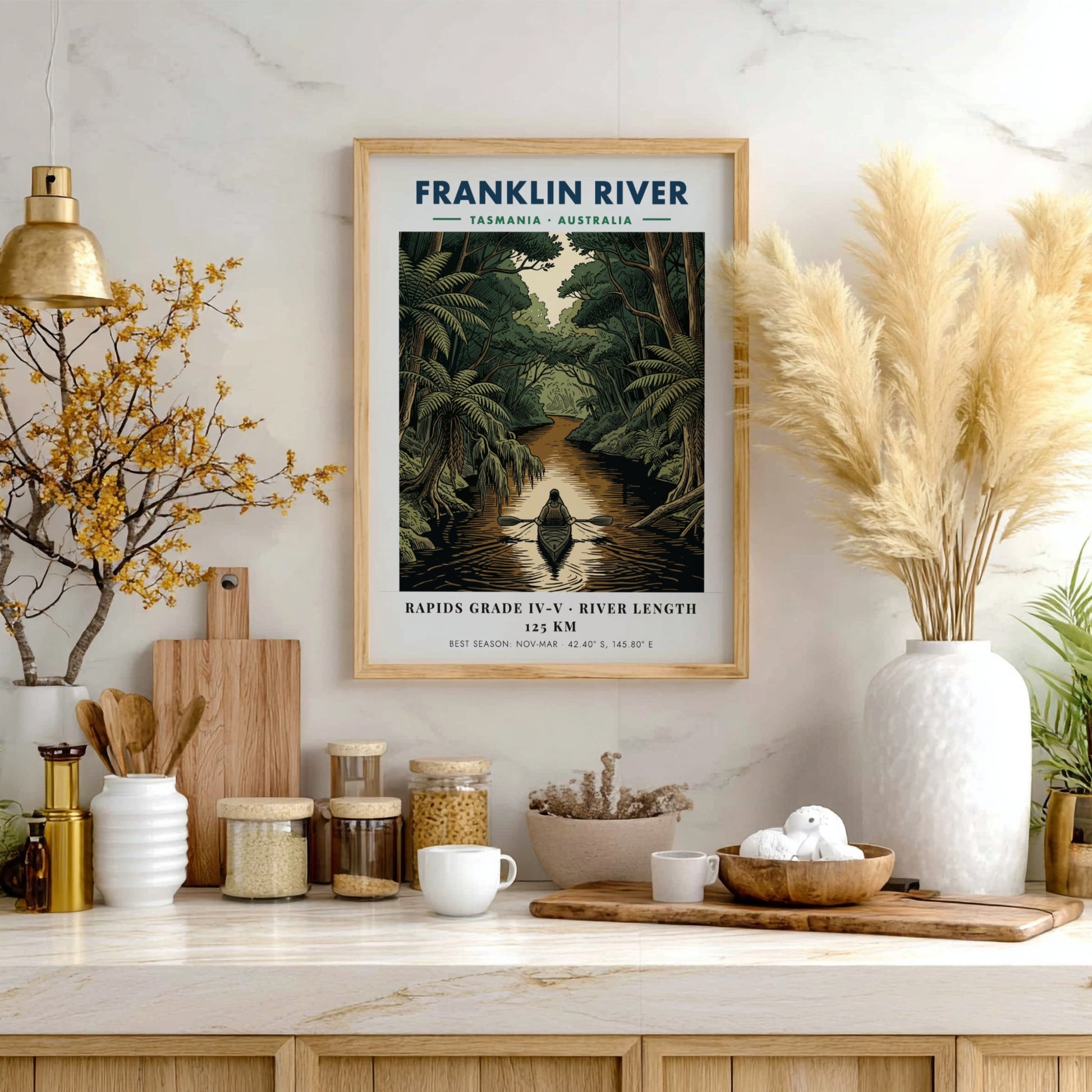 Poster featuring a solo kayaker on the Franklin River in Tasmania amidst lush forests.