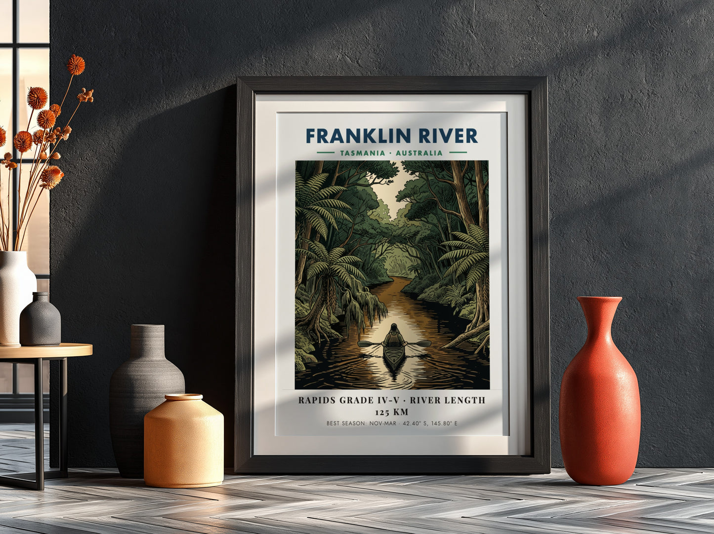 Poster featuring a solo kayaker on the Franklin River in Tasmania amidst lush forests.