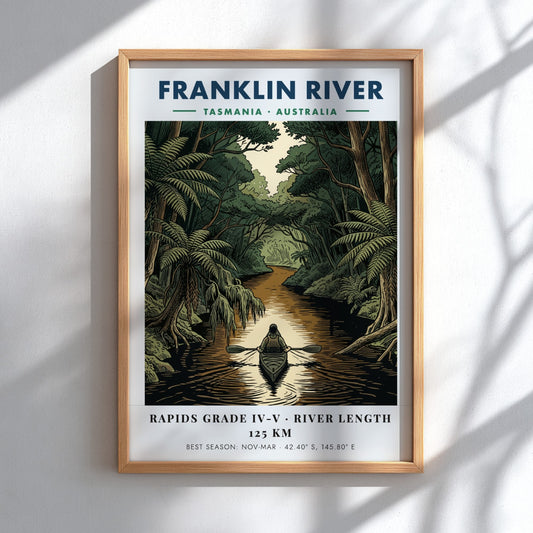 Poster featuring a solo kayaker on the Franklin River in Tasmania amidst lush forests.