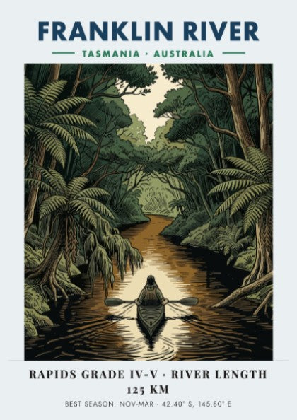 Poster featuring a solo kayaker on the Franklin River in Tasmania amidst lush forests.