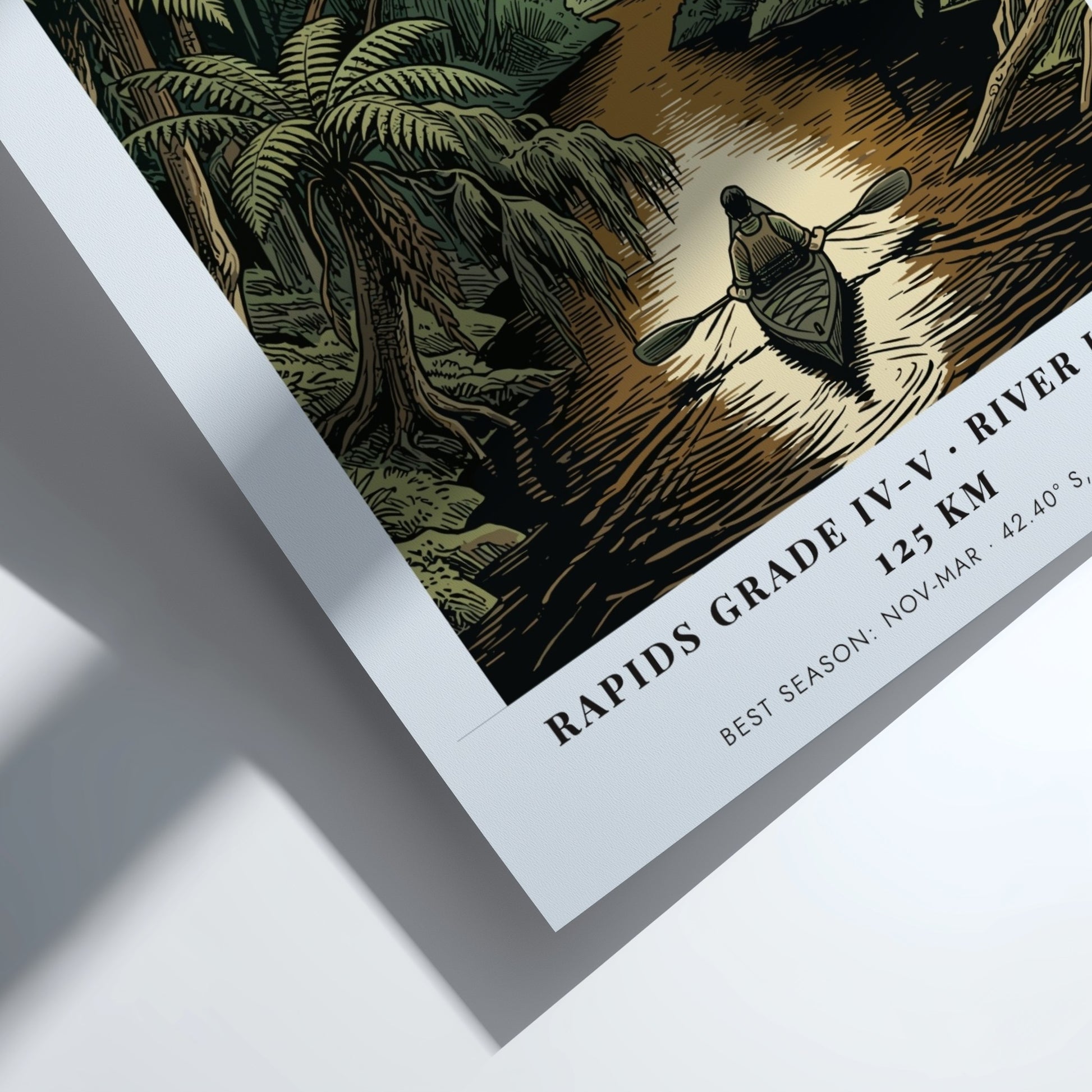 Poster featuring a solo kayaker on the Franklin River in Tasmania amidst lush forests.