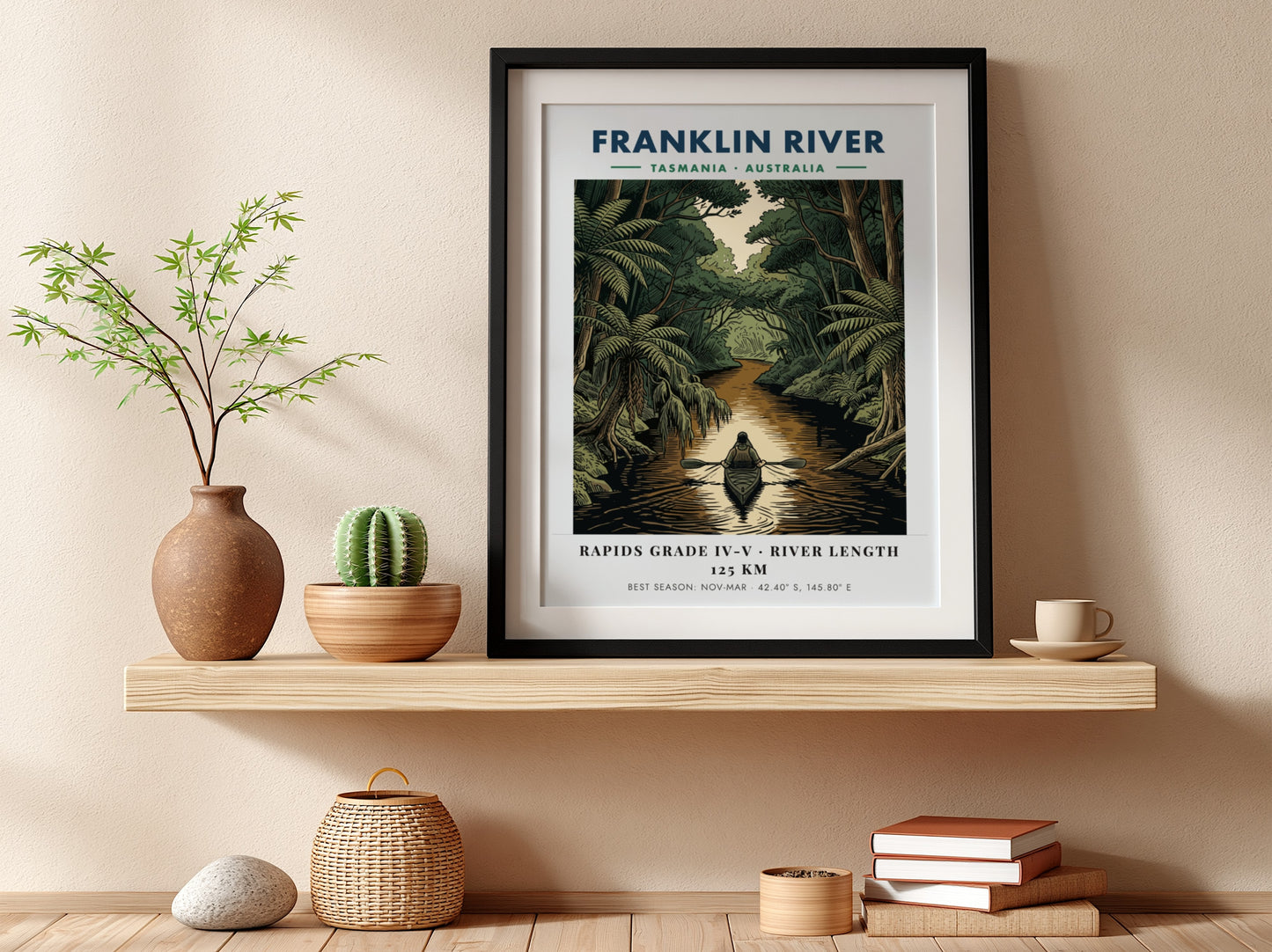 Poster featuring a solo kayaker on the Franklin River in Tasmania amidst lush forests.