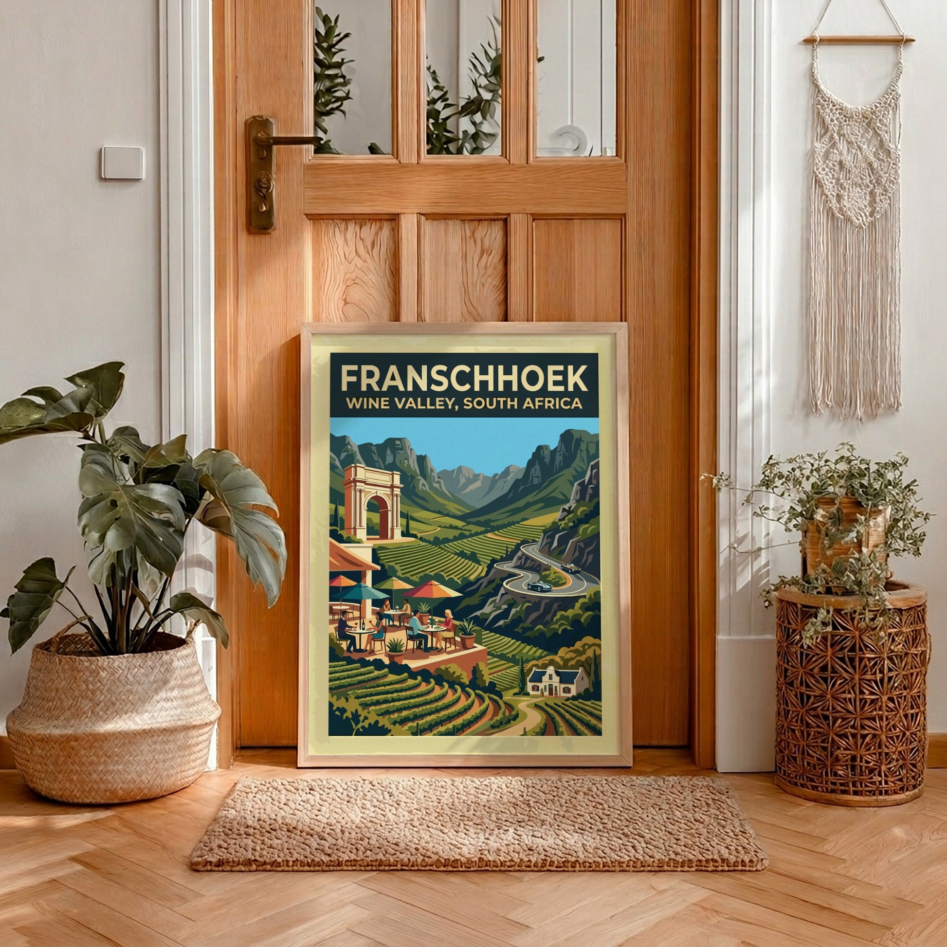 Travel poster of Franschhoek Wine Valley featuring vineyards, mountain peaks, and an architectural arch.