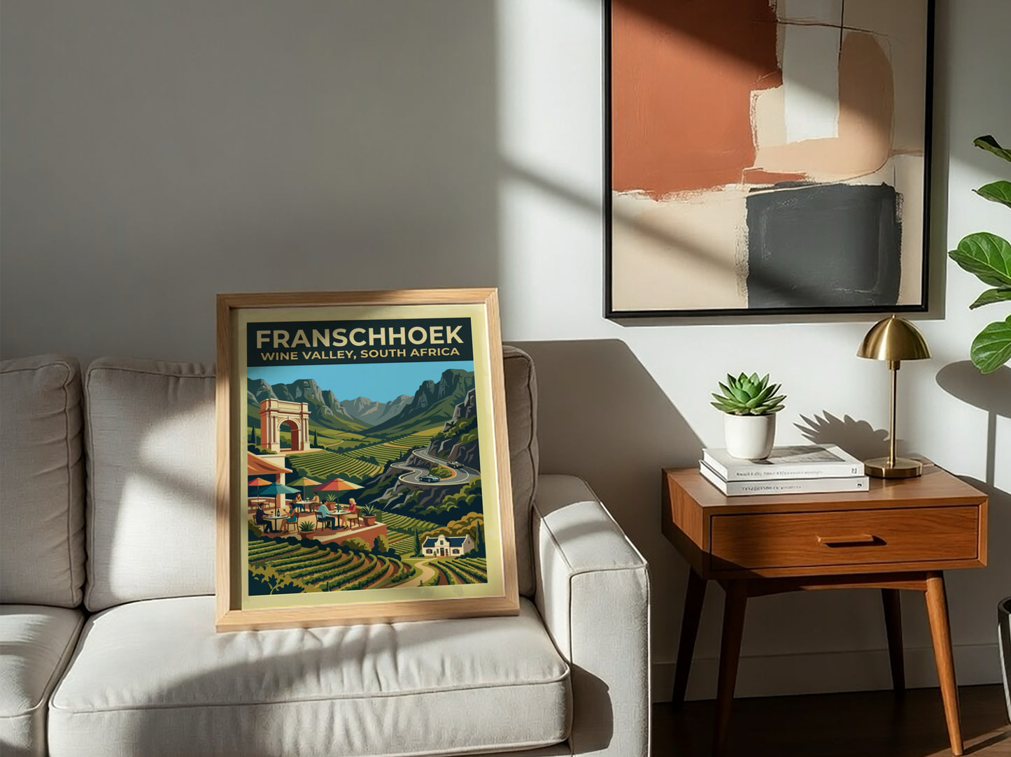 Travel poster of Franschhoek Wine Valley featuring vineyards, mountain peaks, and an architectural arch.